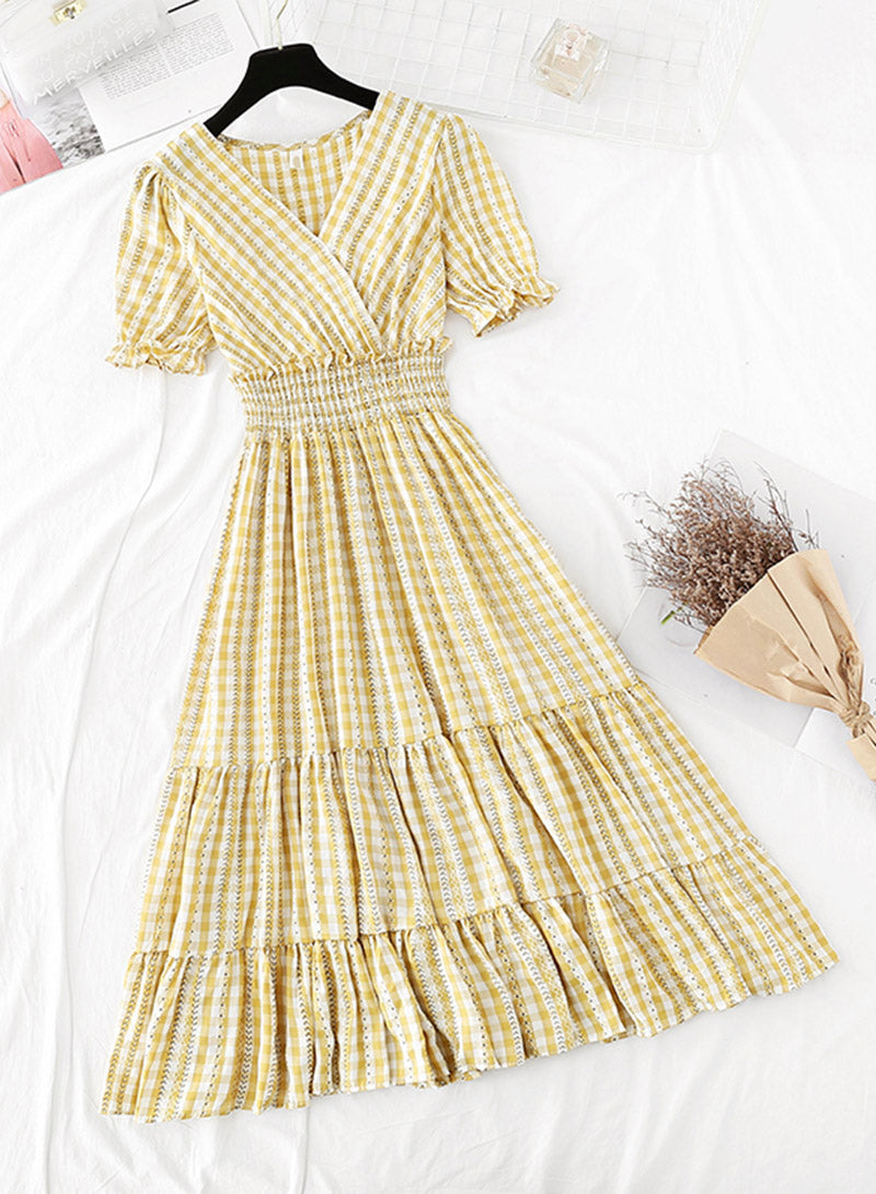 A line v neck plaid dress women's dress 1138