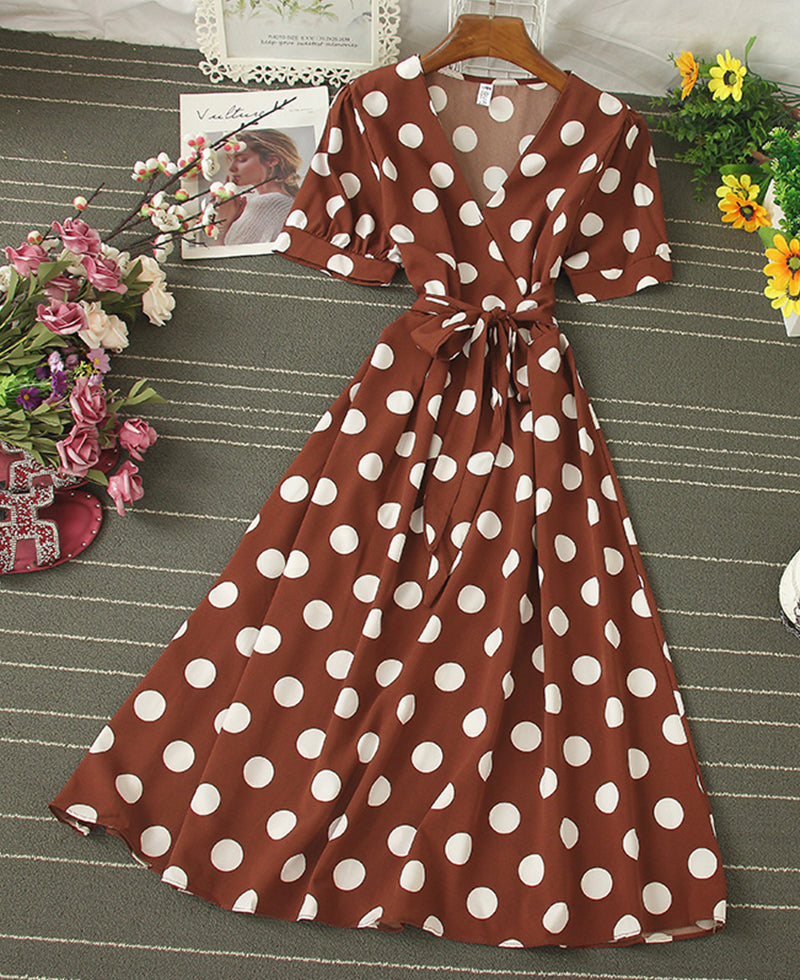 A line v neck polka dot dress fashion dress 1073