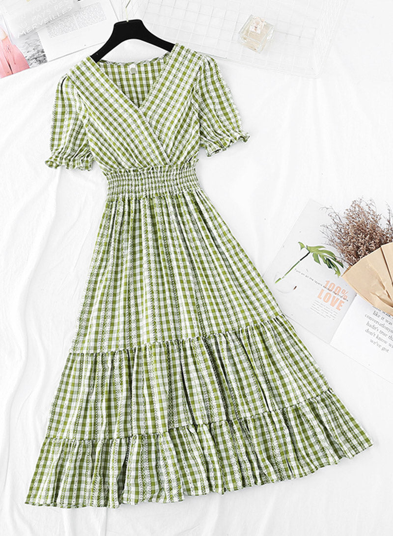 A line v neck plaid dress women's dress 1138