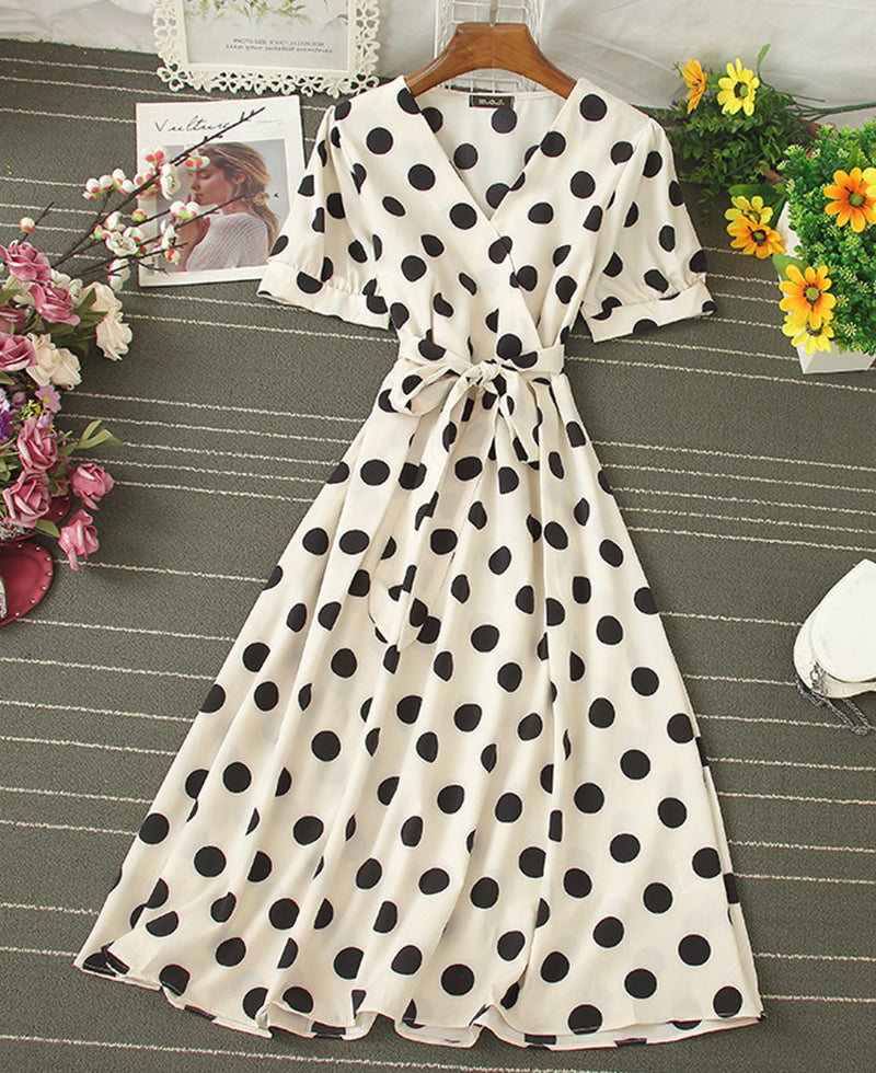 A line v neck polka dot dress fashion dress 1073