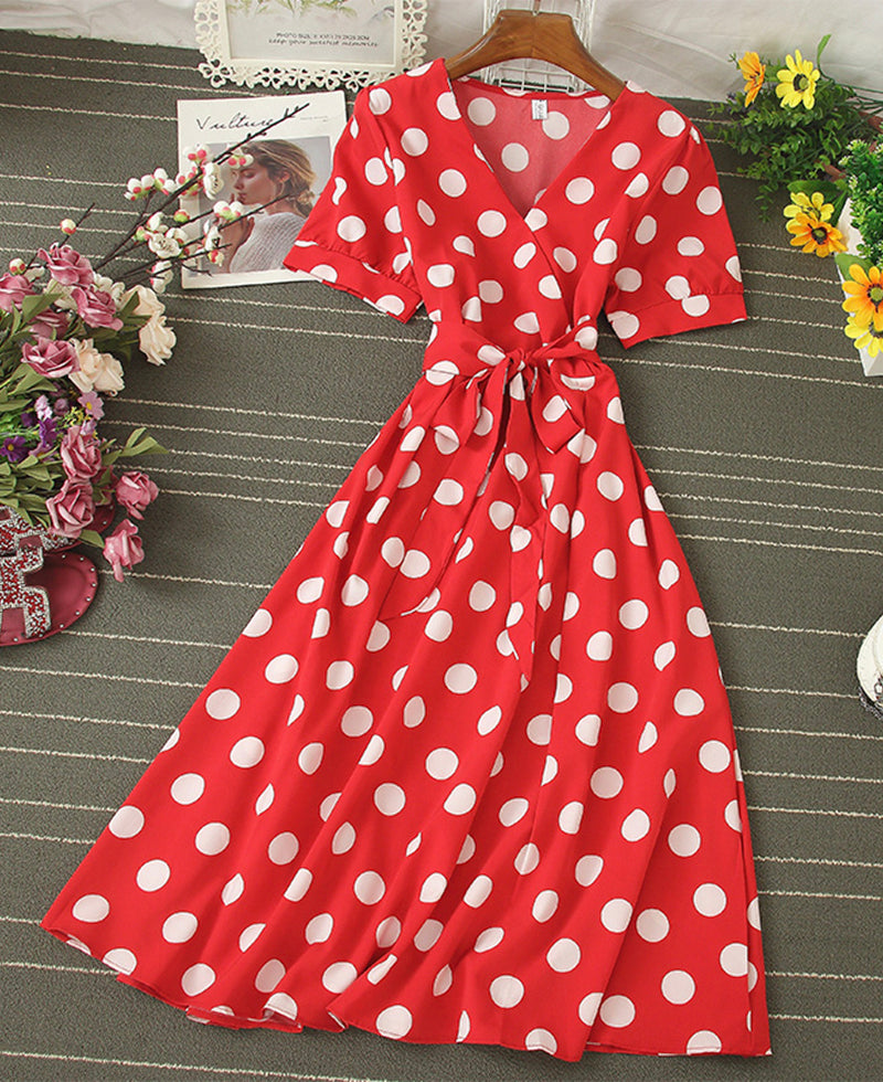 A line v neck polka dot dress fashion dress 1073