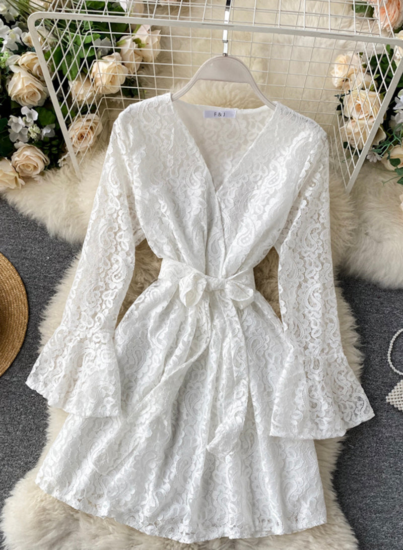 A line v neck lace short dress 1032