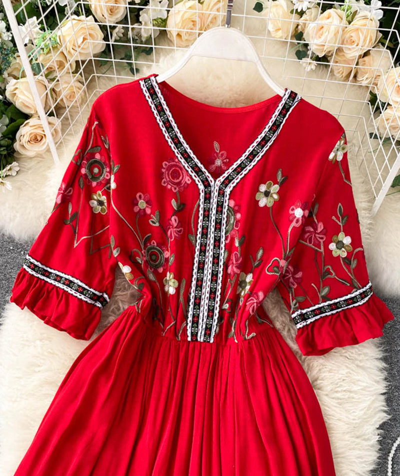 A line v neck embroidery dress 992