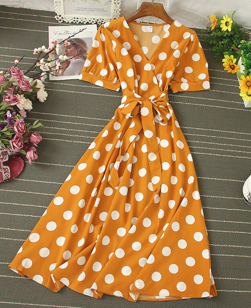 A line v neck polka dot dress fashion dress 1073