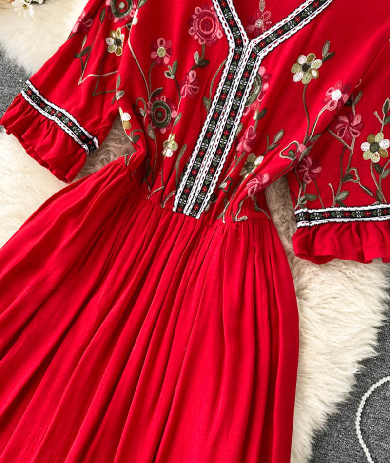 A line v neck embroidery dress 992