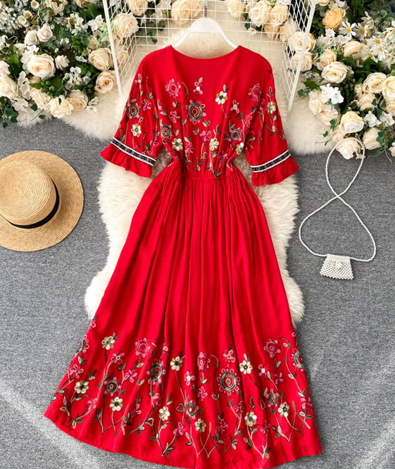 A line v neck embroidery dress 992
