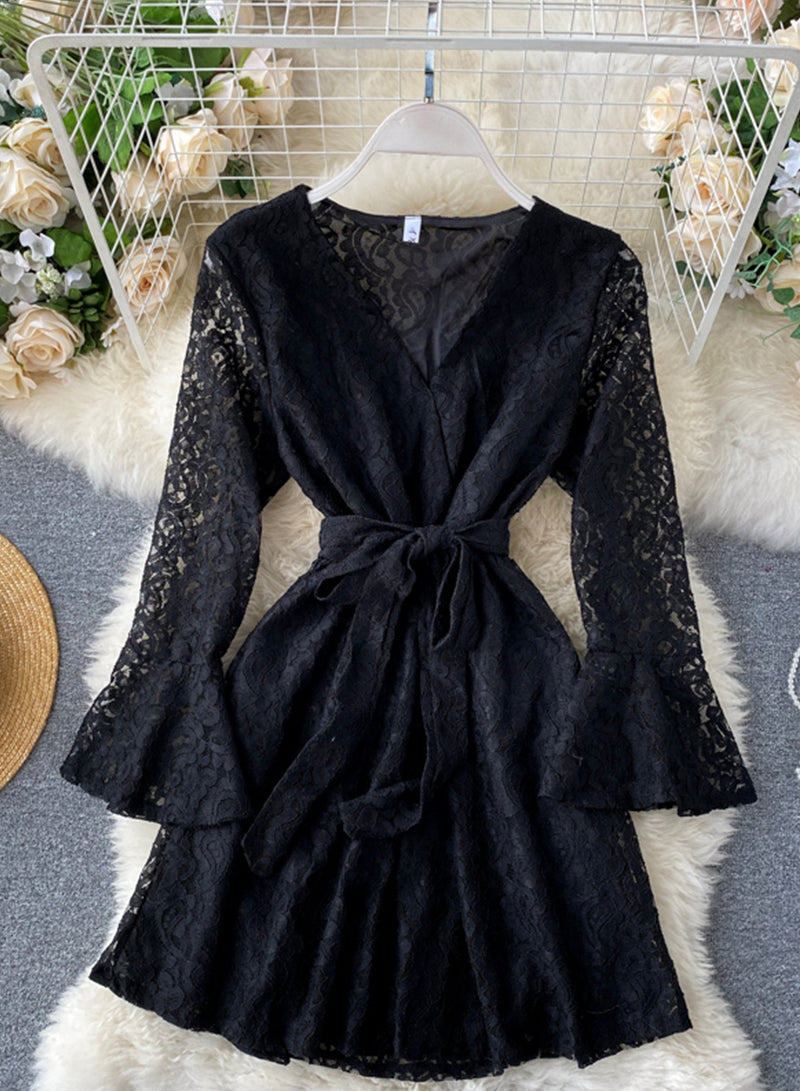 A line v neck lace short dress 1032