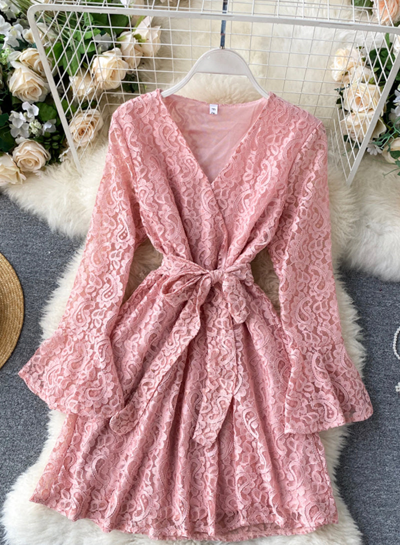 A line v neck lace short dress 1032