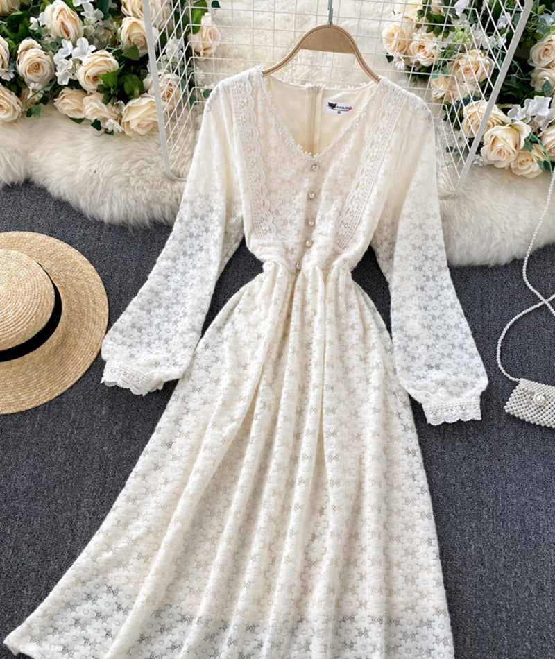 A line v neck lace long sleeve dress 925