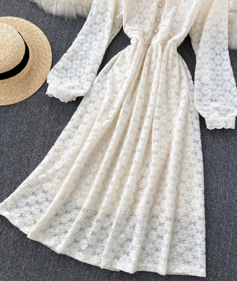 A line v neck lace long sleeve dress 925