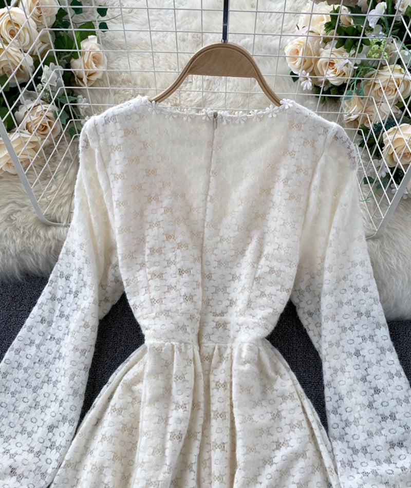 A line v neck lace long sleeve dress 925