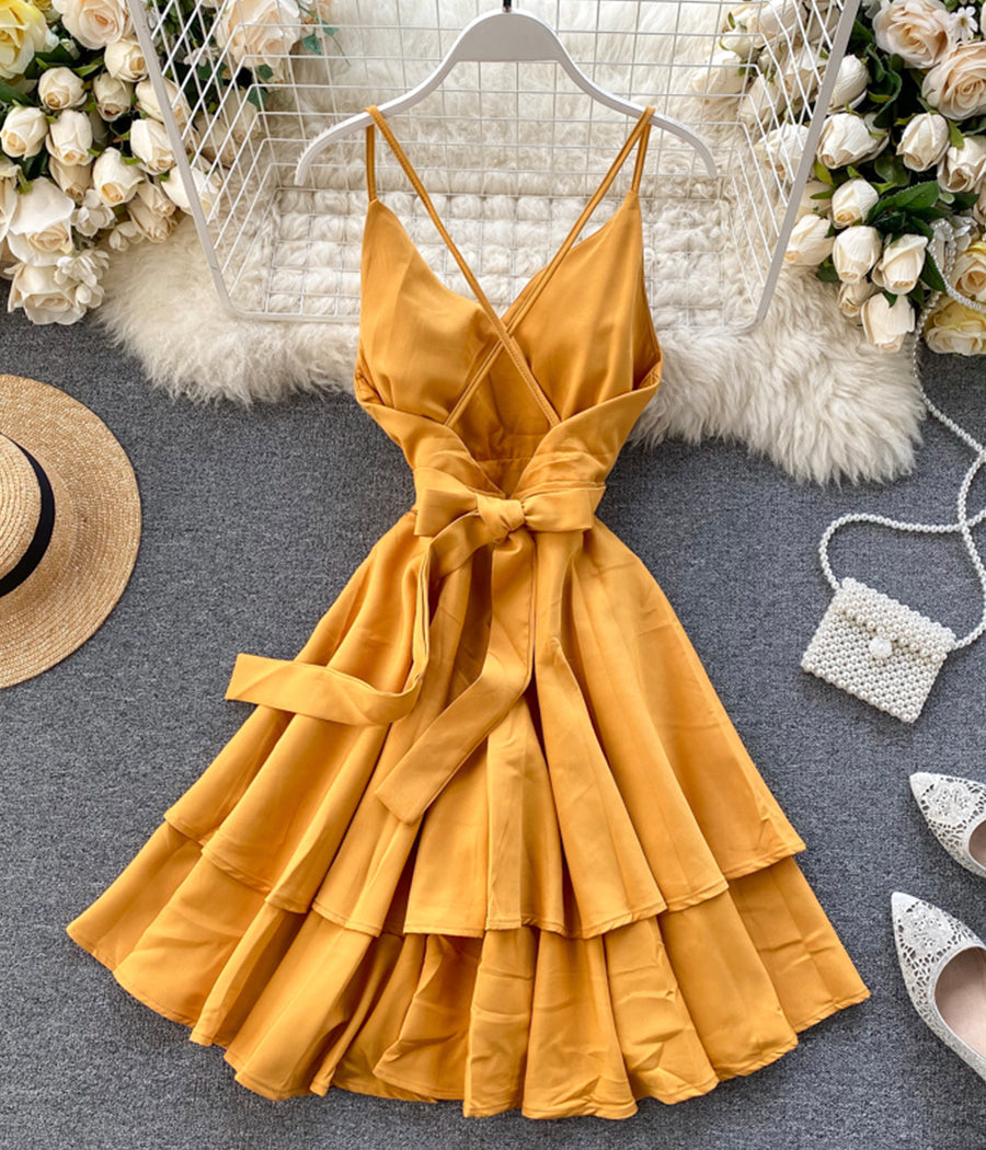 A line v neck short dress summer dress 1196