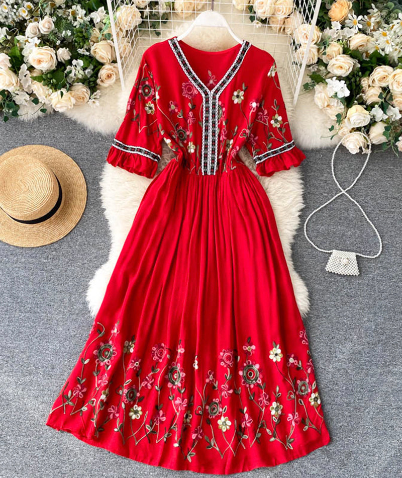 A line v neck embroidery dress 992