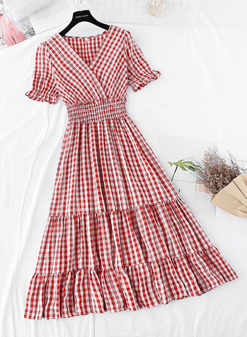 A line v neck plaid dress women's dress 1138