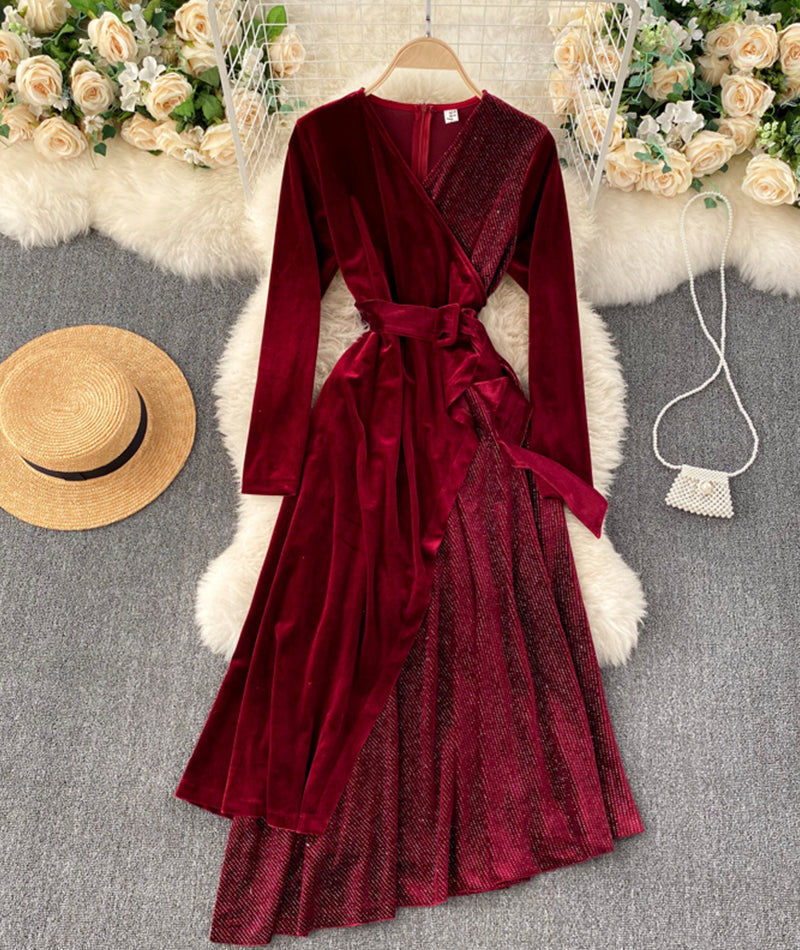 A line v neck cross irregular dress 943