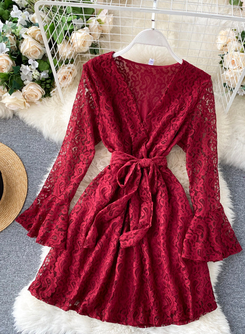 A line v neck lace short dress 1032