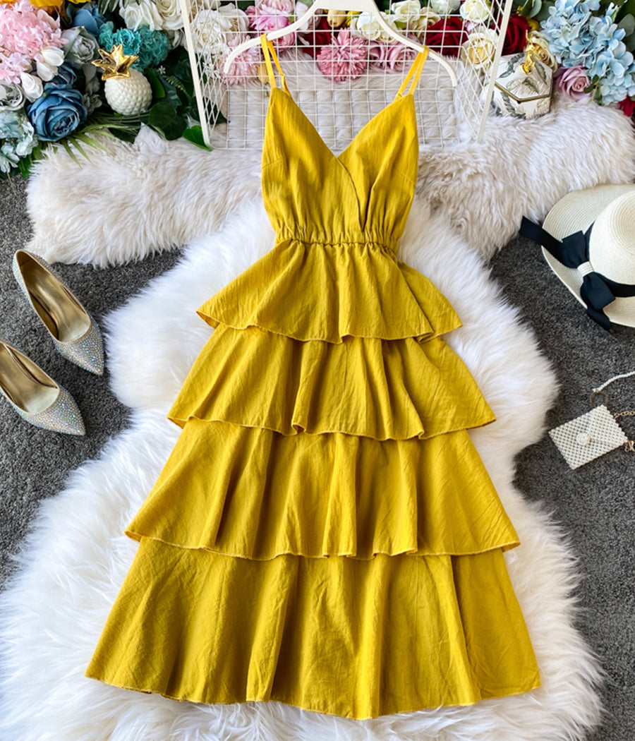 A line v neck spaghetti straps midi maxi summer dress 1231