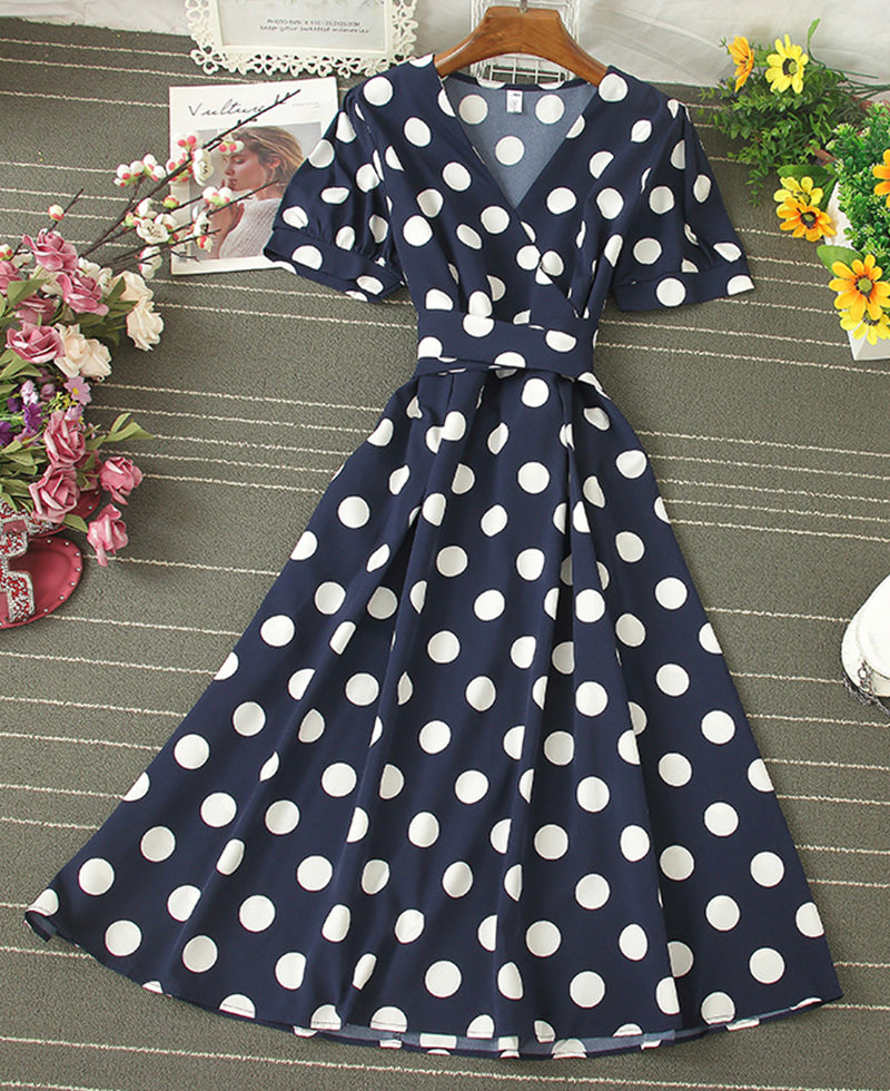A line v neck polka dot dress fashion dress 1073