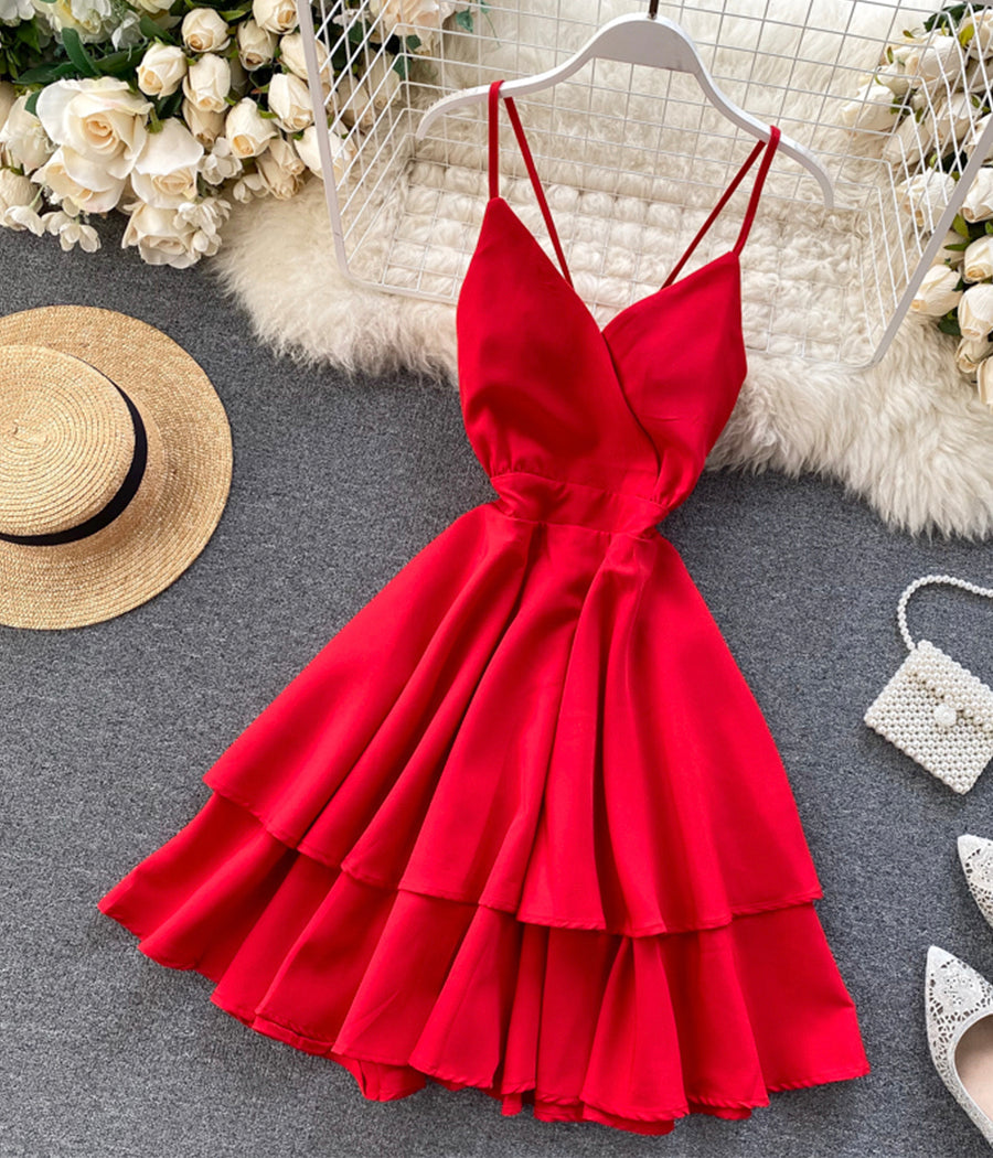 A line v neck short dress summer dress 1196