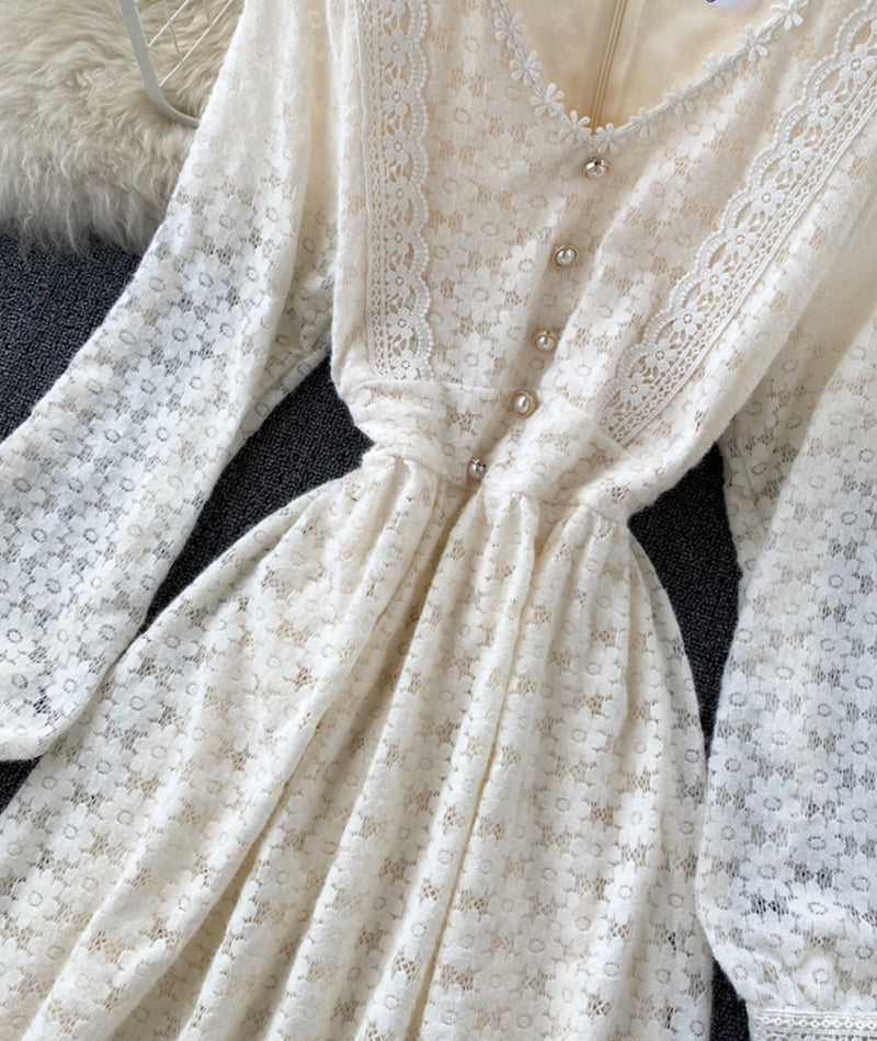 A line v neck lace long sleeve dress 925