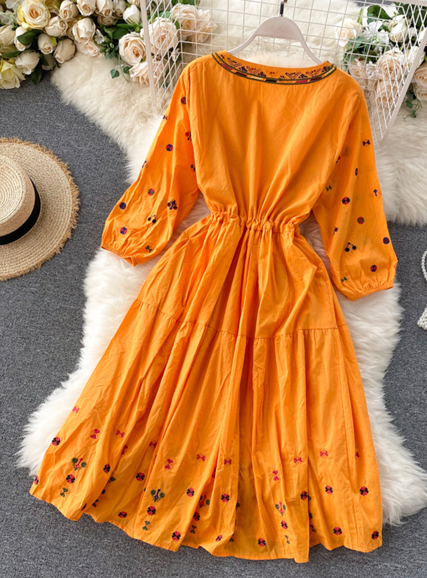 A line v neck embroidery long sleeve dress 1179