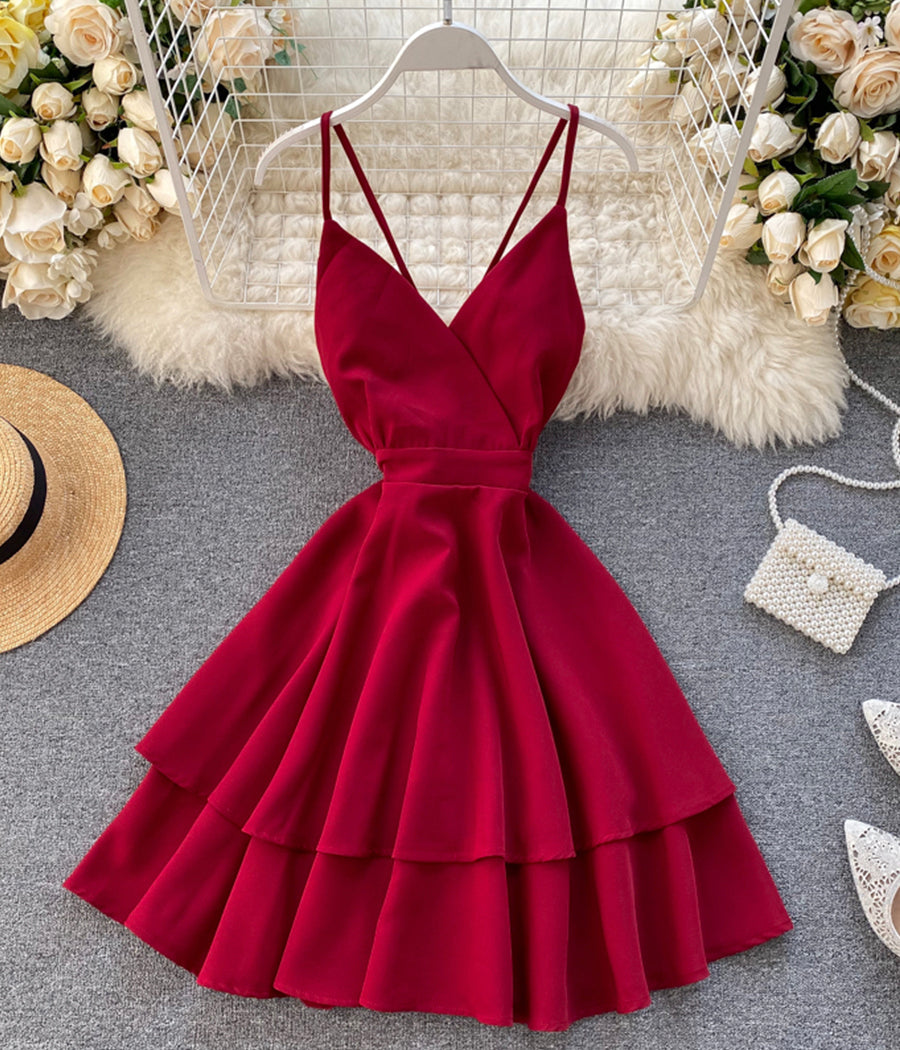 A line v neck short dress summer dress 1196