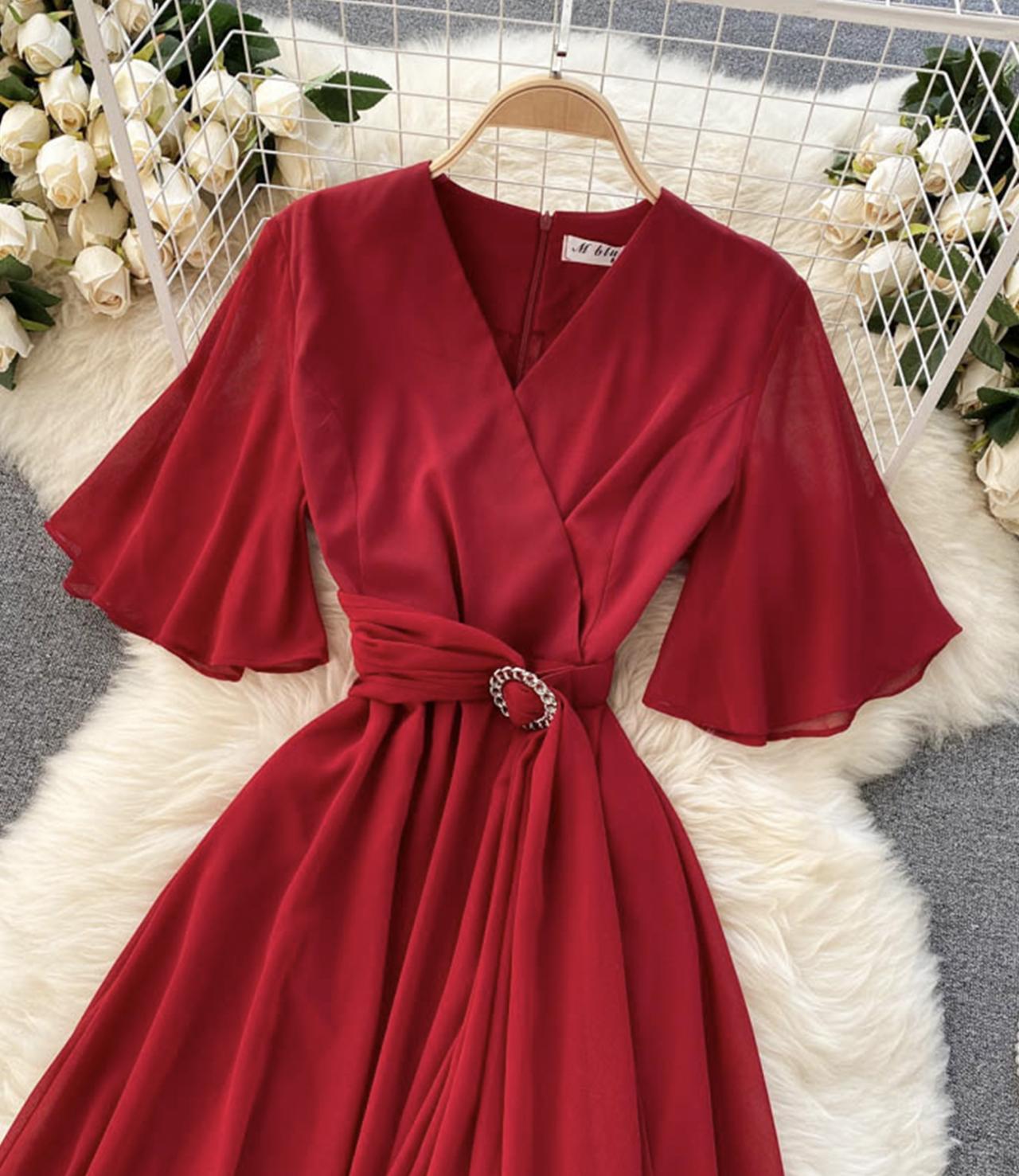 A line v neck chiffon dress fashion dress 697