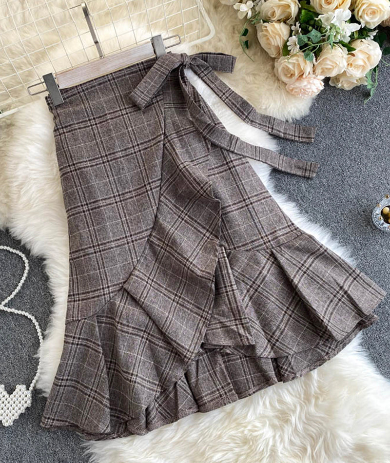 A line irregular plaid skirt 3474