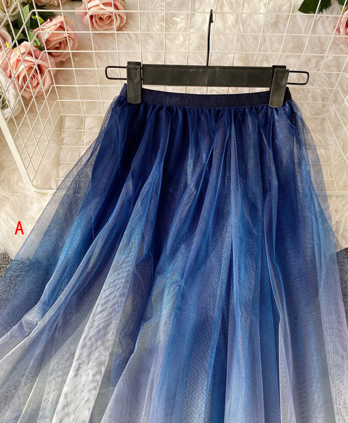 A line irregular tulle skirt gradient color skirt 3493