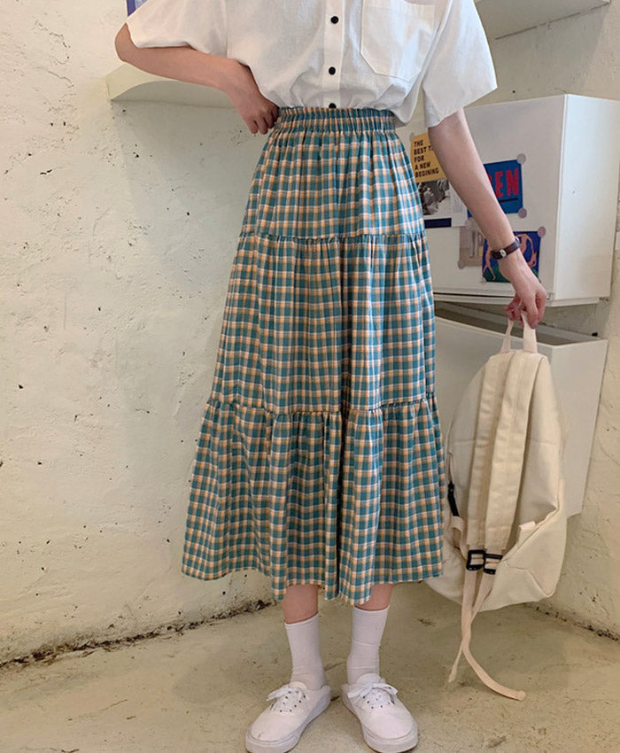 Green plaid skirt A line skirt 3494