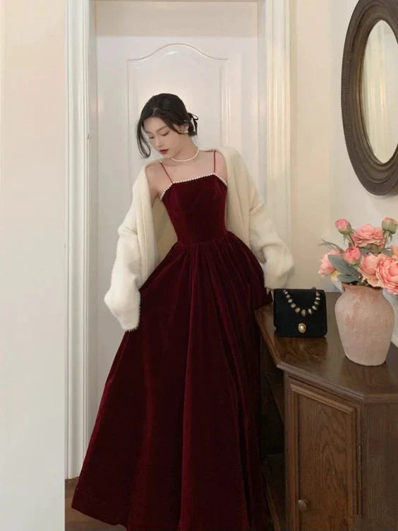 Vestido de fiesta de terciopelo burdeos con tirantes finos, sencillo, para boda, largo