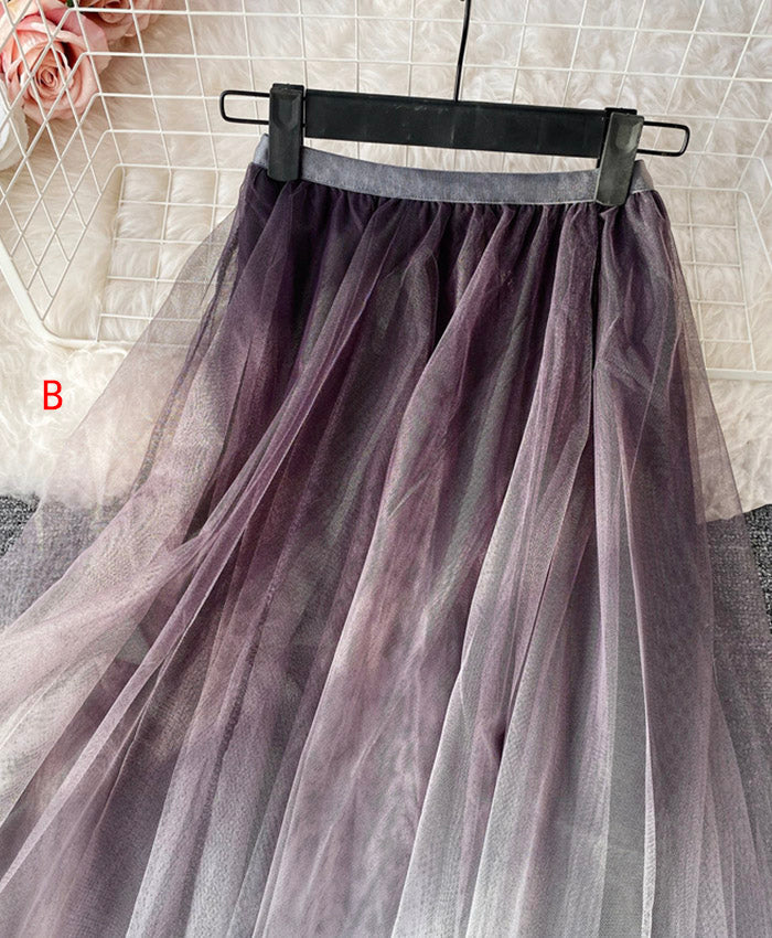 A line irregular tulle skirt gradient color skirt 3493