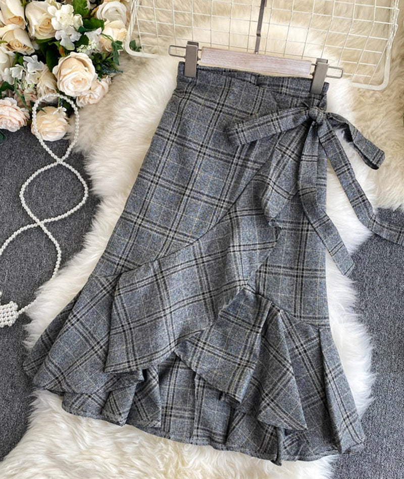 A line irregular plaid skirt 3474