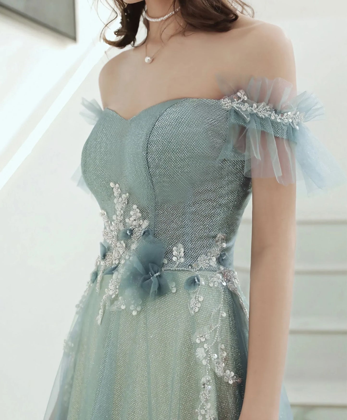 Green Tulle Lace Long Prom Dress, Green Tulle Formal Dress fg4189
