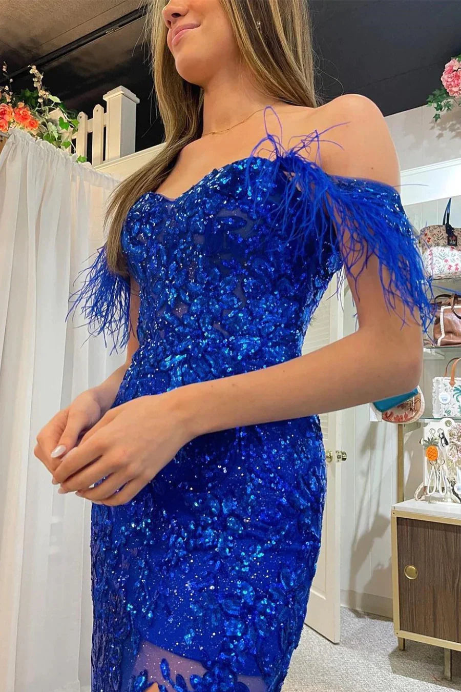 Off The Shoulder Lace Appliques Long Prom Dress with Feathers fg4196