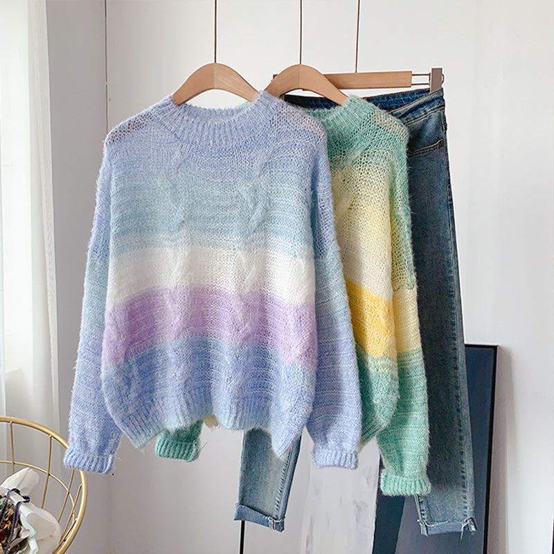 Gradient soft waxy color knitted Mohair loose Pullover Sweater 5078