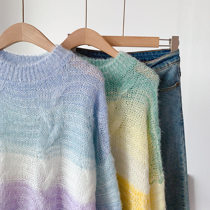 Gradient soft waxy color knitted Mohair loose Pullover Sweater 5078