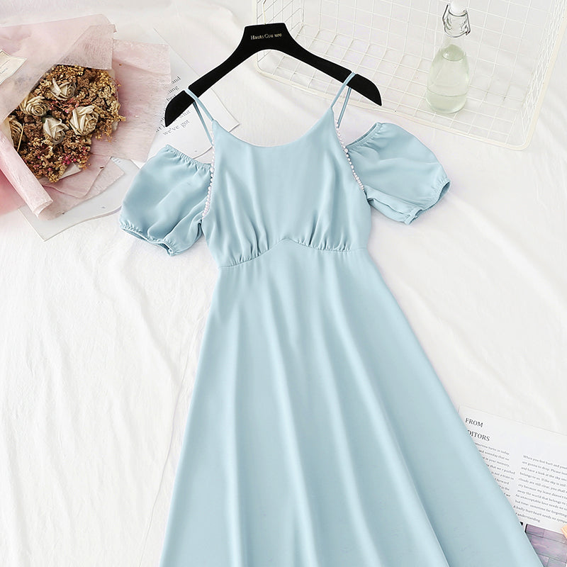 New French pearl off shoulder sling small skirt Bubble Sleeve Chiffon Skirt 4870