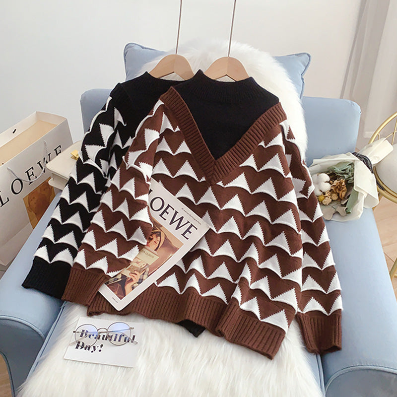 Half high neck sweater female small man fake two piece design sense 4936