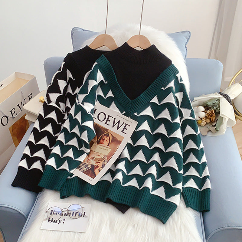 Half high neck sweater female small man fake two piece design sense 4936