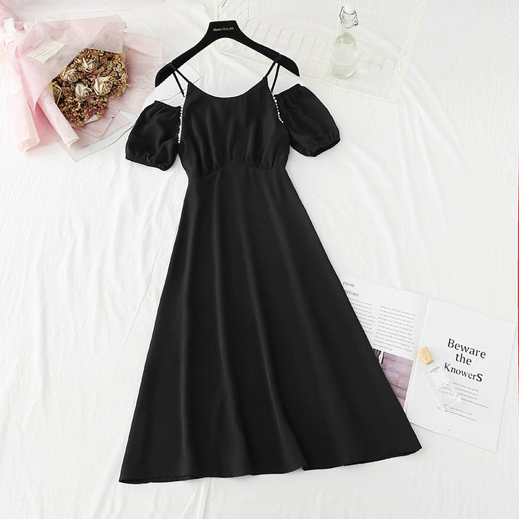 New French pearl off shoulder sling small skirt Bubble Sleeve Chiffon Skirt 4870