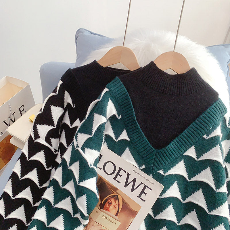 Half high neck sweater female small man fake two piece design sense 4936