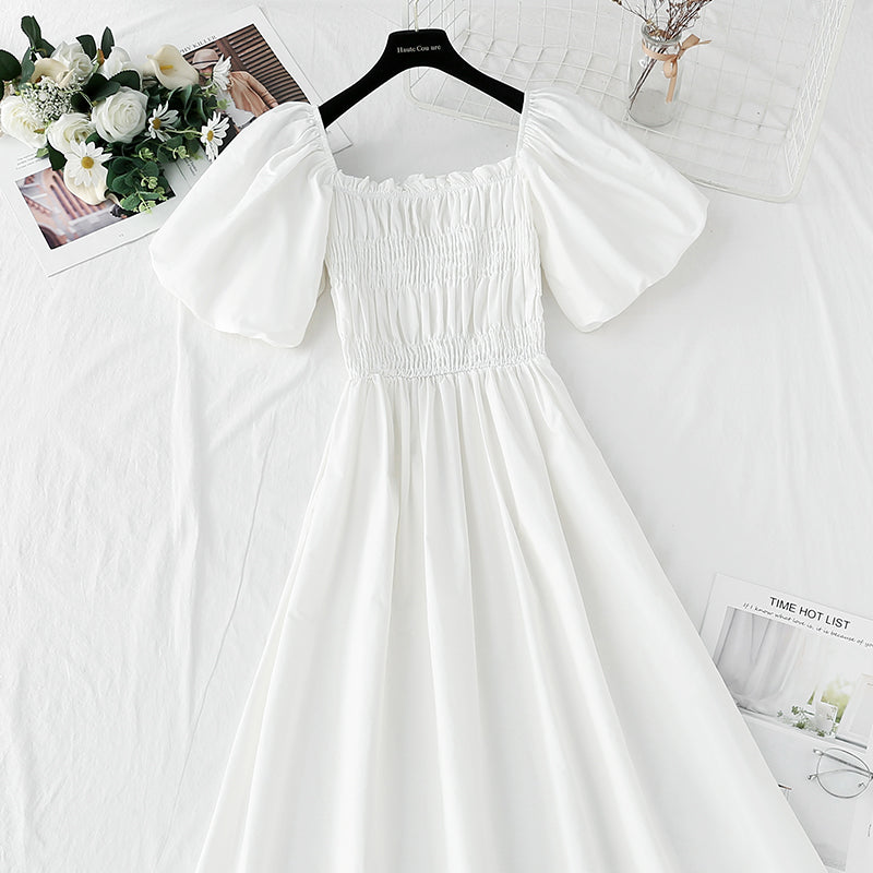 New French square neck off shoulder bubble sleeve cotton linen dress 4255