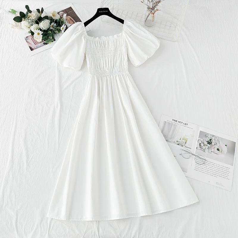 New French square neck off shoulder bubble sleeve cotton linen dress 4255