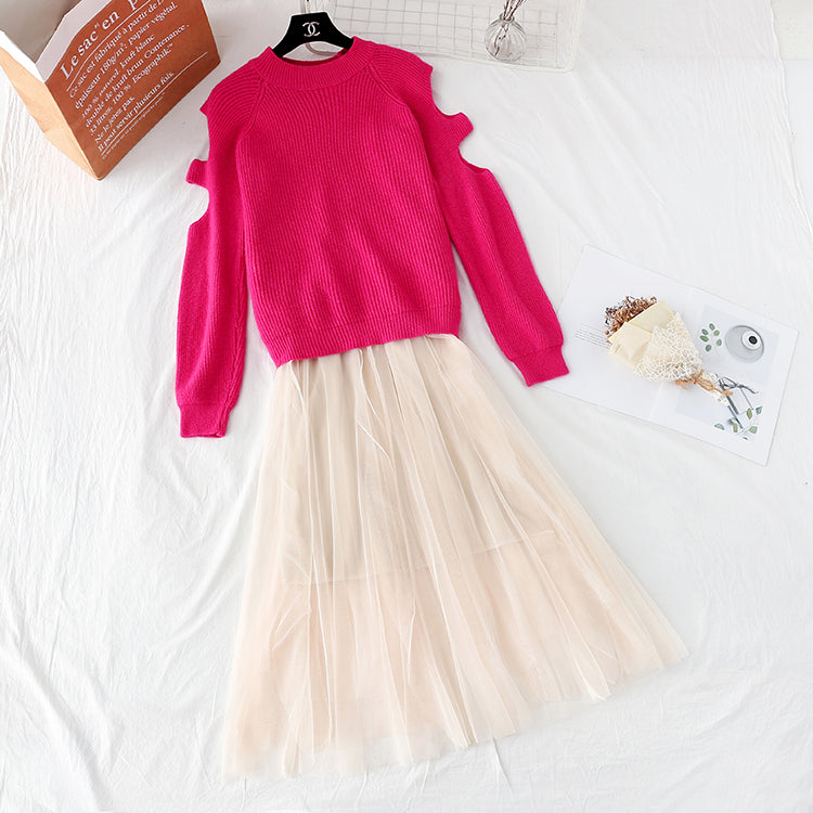 Off shoulder Pullover Sweater + mesh skirt 3947
