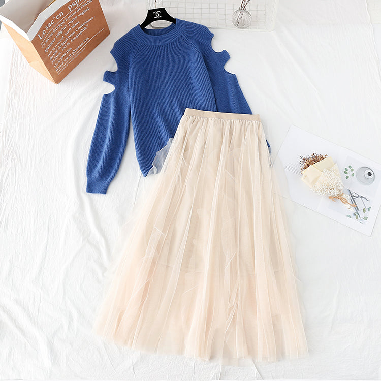 Off shoulder Pullover Sweater + mesh skirt 3947
