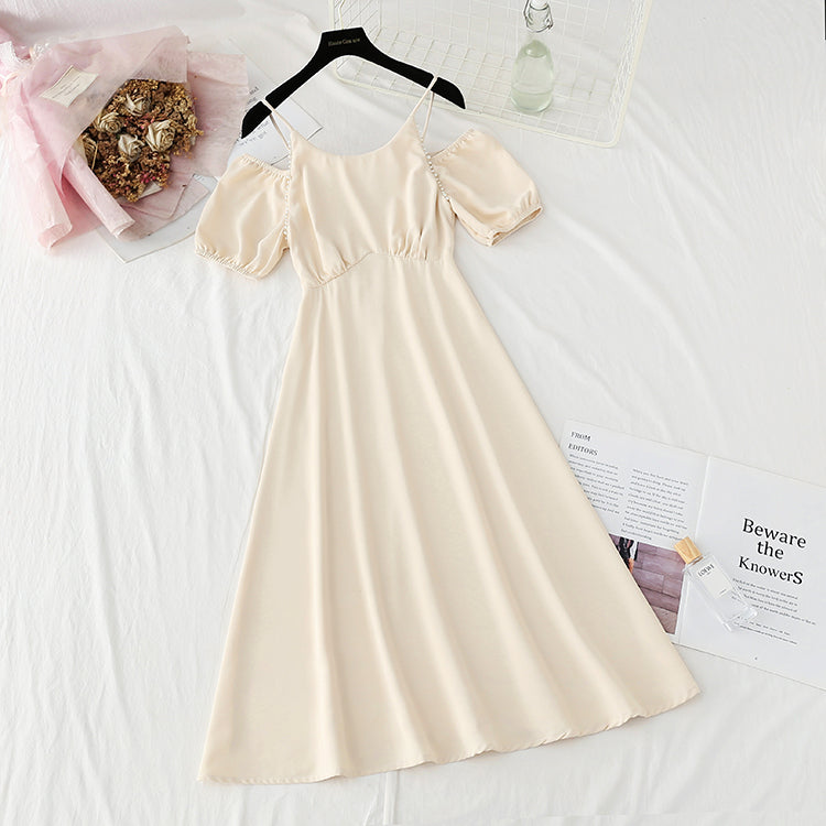 New French pearl off shoulder sling small skirt Bubble Sleeve Chiffon Skirt 4870
