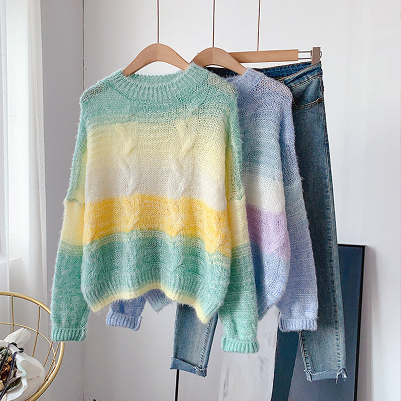 Gradient soft waxy color knitted Mohair loose Pullover Sweater 5078