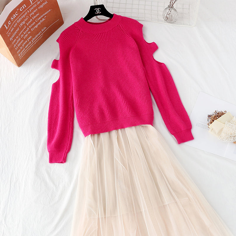 Off shoulder Pullover Sweater + mesh skirt 3947