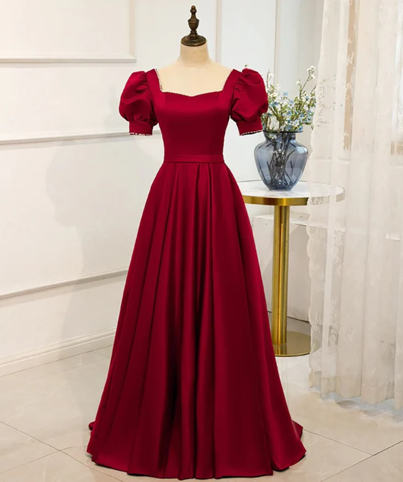 Vestido de fiesta rojo de manga corta, vestido de cumpleaños de satén de corte A